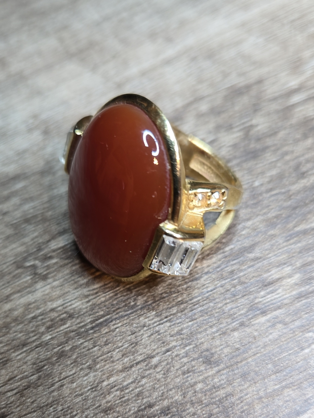 VTG Judith Leiber Gold Plated Carnelian Cabochon Crystal Baguette Ring